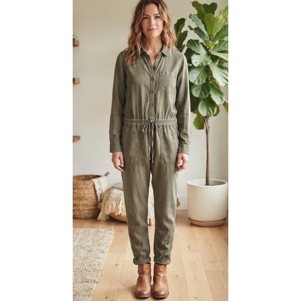 Faherty Arlie Day Jumpsuit Surplus Green Tencel Linen Blend Women's Size Small
